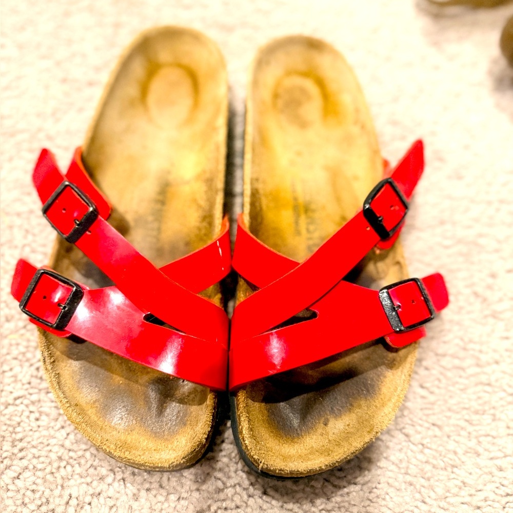 Red patent leather Birkenstock sandals, 38/8